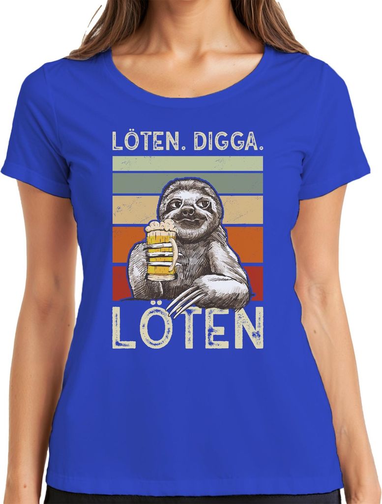 LÖTEN DIGGA Faultier Bier Retro Vintage lustig Party Geschenk Damen T-Shirt, Blau, XXL