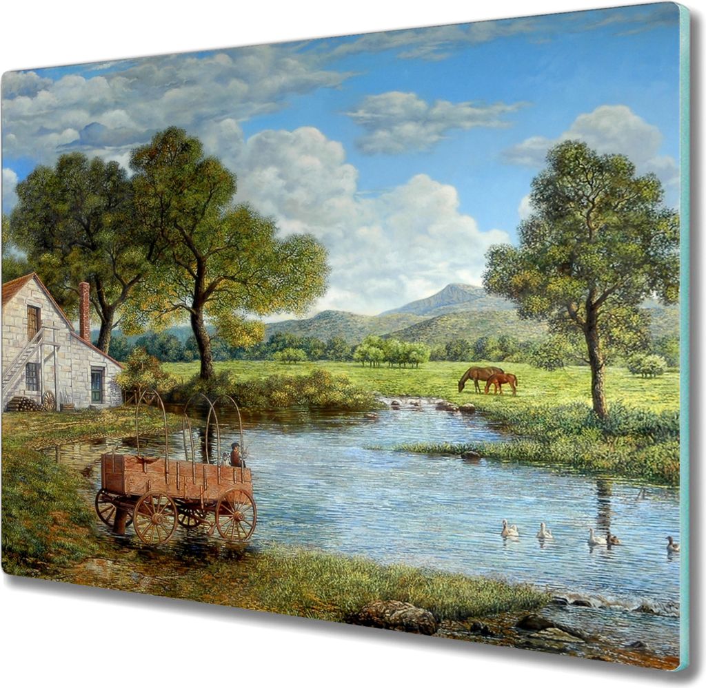 Coloray Hackbrett Küchenbrett Kochplattenabdeckung Schneidebrett Herdabdeckplatte 60x52 cm - Das Dorf Baum Berglandschaft