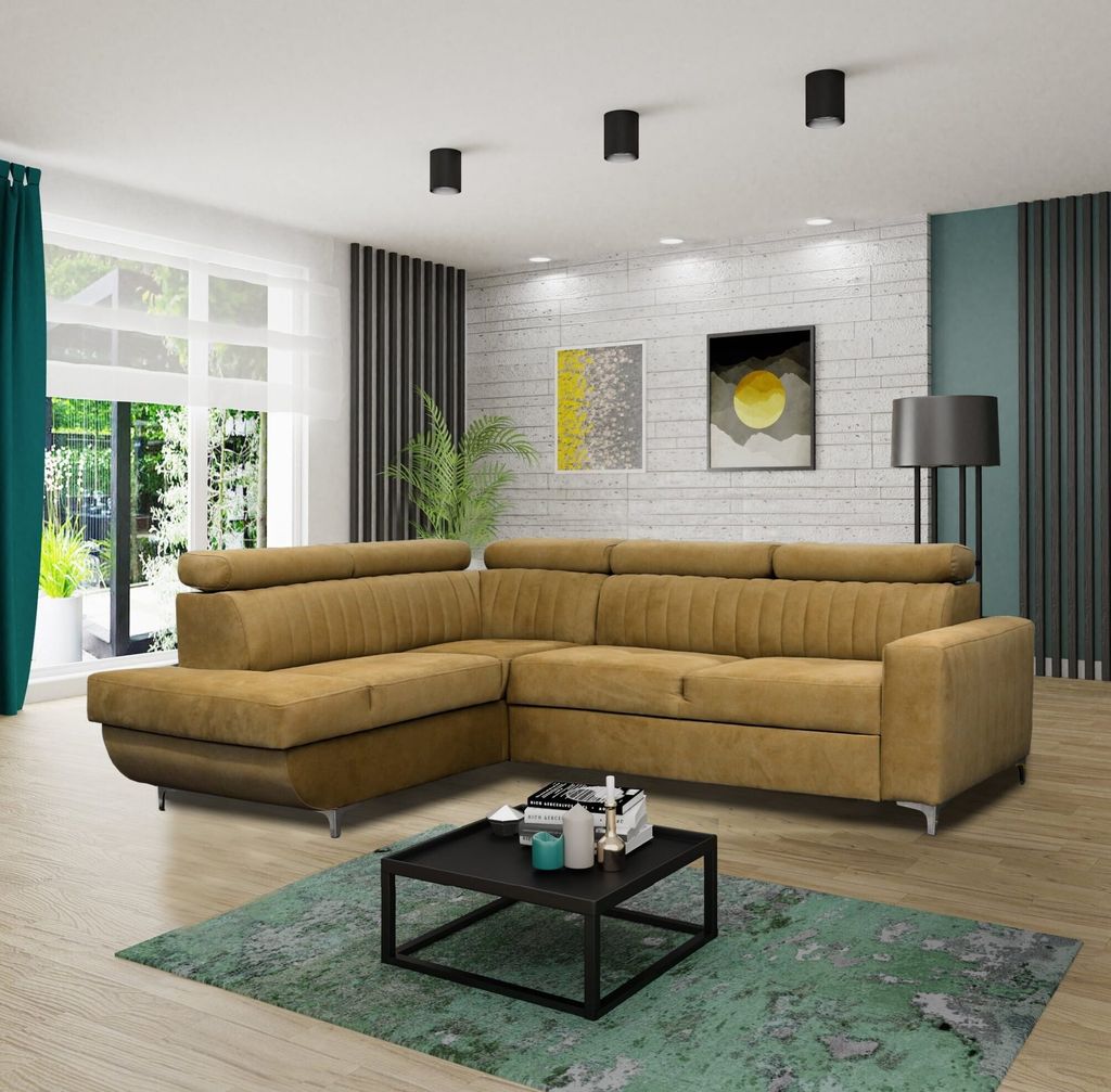 Ecksofa BEST links gelb Monolith 48 mit Schlaffunktion und Bettkasten Sofa mit Verstellbare Kopfstützen