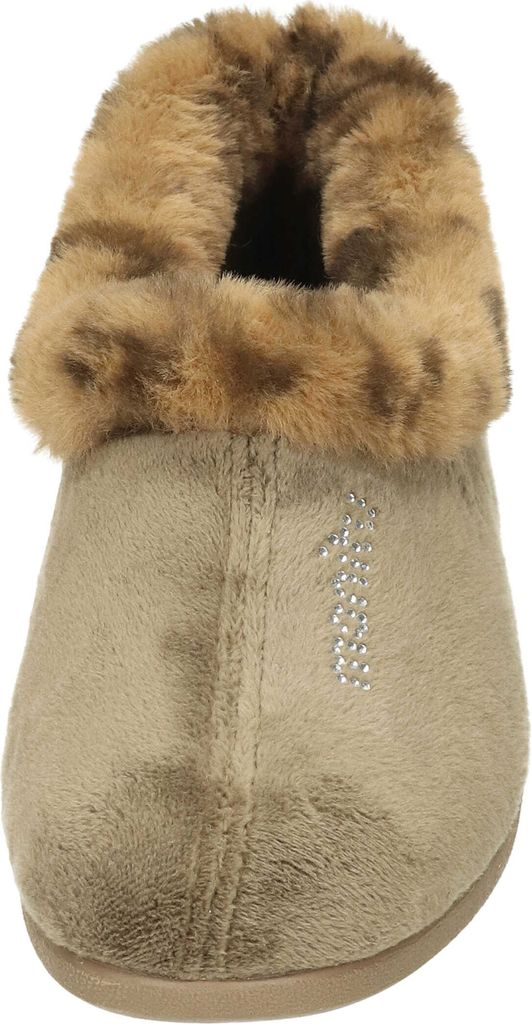 Manitu Damen Hausschuh Slipper geschlossen Flauschstoff Strass Keilabsatz, Größe:39 EU, Farbe:Beige