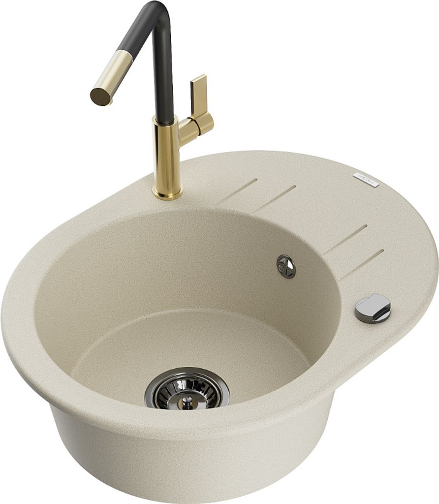 Mexen Kevin 1 Becken-Granitspüle mit Abtropffläche und Mischbatterie Flora, Beige - 6517-69-670401-57-B