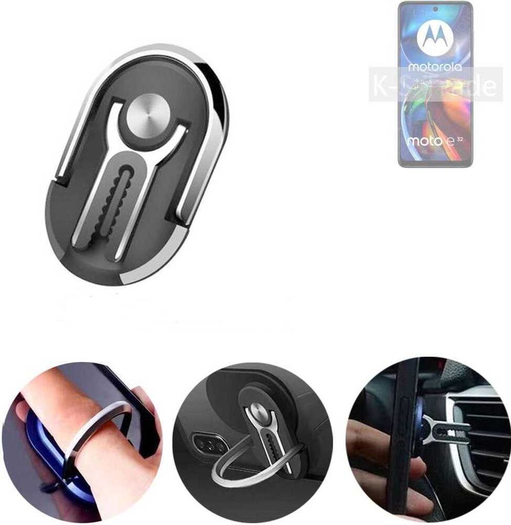K-S-Trade 3in1 Smartphone-Ring Handy-Ring kompatibel mit Motorola Moto E32 Fingerhalterung Handyring Tischständer Lüftungsgitter-Halterung Tisch