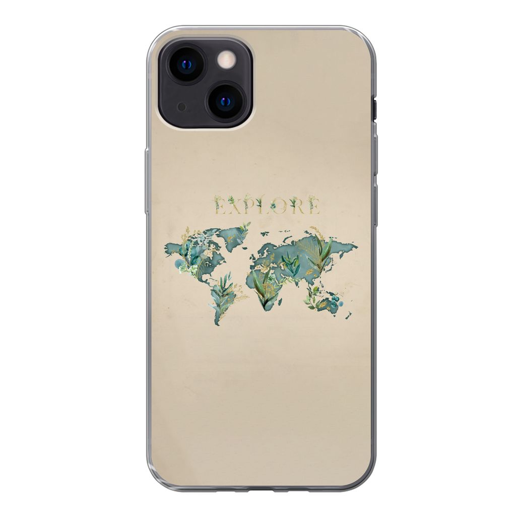 MuchoWow Handyhülle Schutzhülle Hülle für iPhone 13 Weltkarte - Pflanzen - Wasser Silikon Softcase Handy Hülle - Karteninhaber