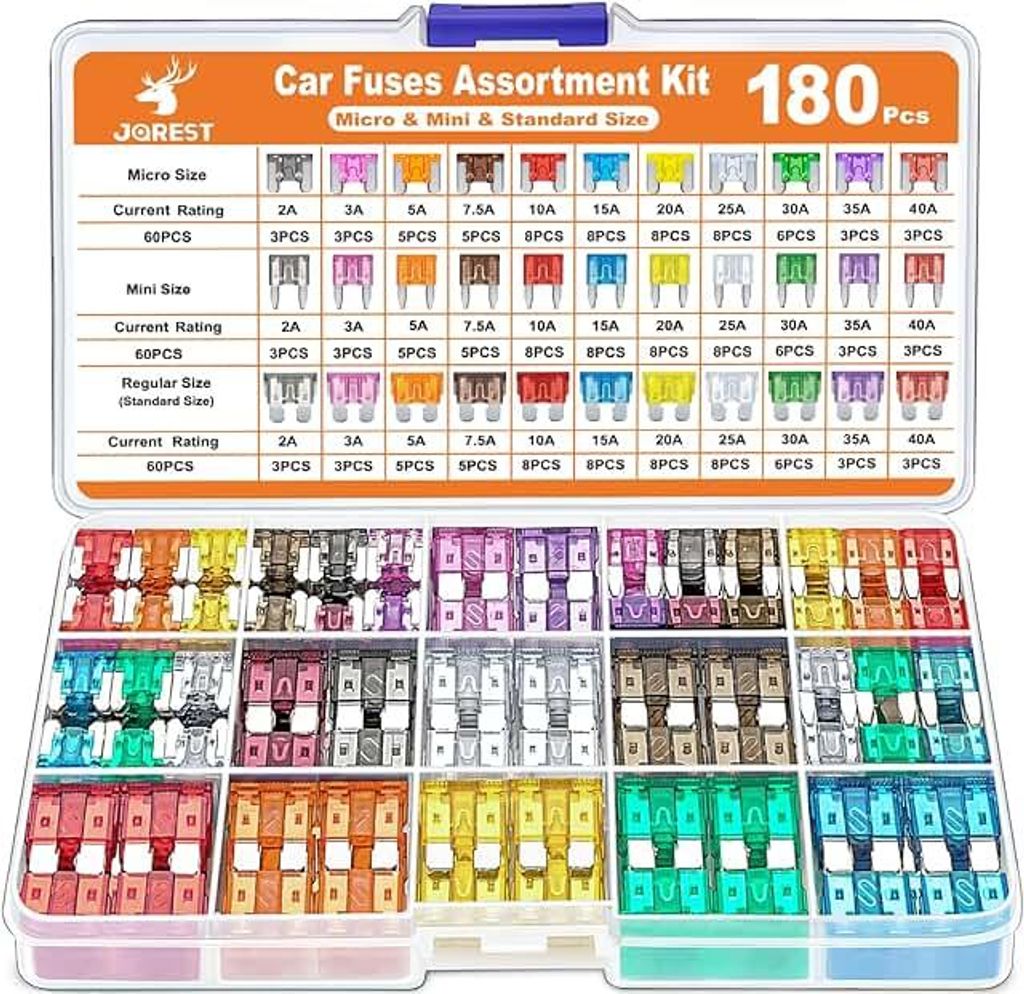 JOREST 180Pcs Kfz Sicherung Set, 60 Micro sicherungen Auto + 60 Mini Flachsicherungen + 60 Standard + 1 Sicherungszieher - für PKW/Wohnmobil/Motor...