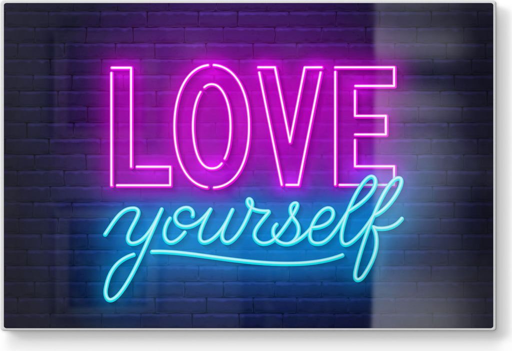 DEQORI Schneidebrett Glas 30x20 cm 'Neonschrift Selbstliebe' Schneideplatte groß