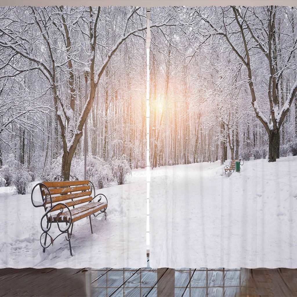 ARANDE Winter Gardine, Verschneite blattlose Bäume und Bänke im Stadt-Park-Sonnenuntergang-Waldland draußen, 280 x 225 cm, Umber Weiß Orange