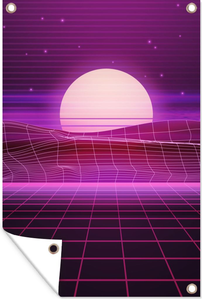 MuchoWow 60x90 cm Outdoor-Poster Gartendeko Sichtschutz Garten Poster für den Garten Spiele - Neon - Retro - Lila - Sonne - Spiele