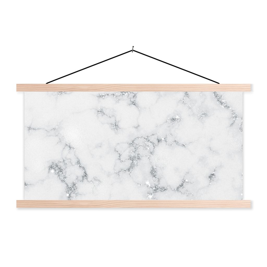 MuchoWow Textilposter Marmor - Weiß - Silber - Glitter - Marmoroptik - Chic 120x60 cm mit holzfarbenen Rahmen - Klemmleiste