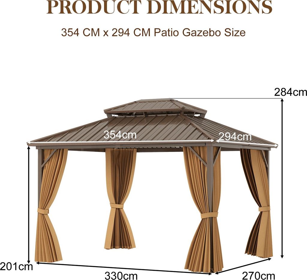 GOPLUS Gardenpavillon 3,54 x 2,94 m, Hardtop Pavillon wasserabweisend & Winterfest, Garten Pavillon mit Doppeldach aus verzinktem Metall, Braun