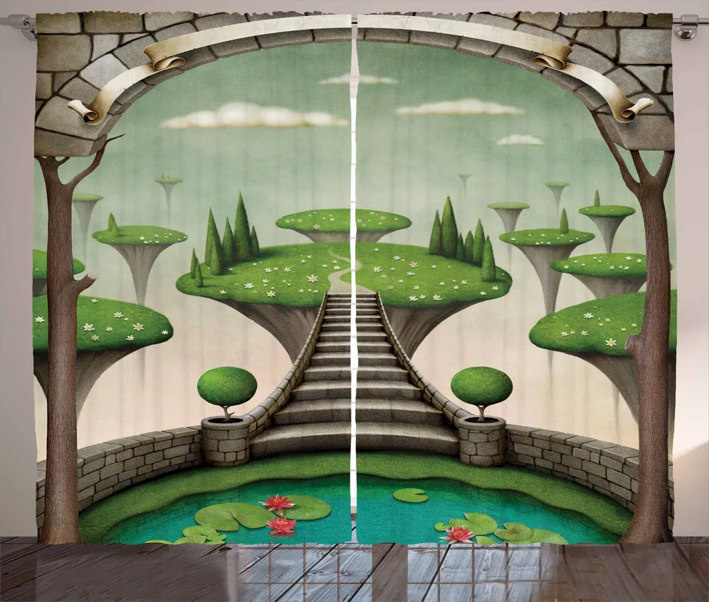 ABAKUHAUS Fantasia Tenda rustica, Hanging Islands Pond, Camera da letto Tenda con passanti e ganci, 280 x 175 cm, Verde terra d'ombra turchese