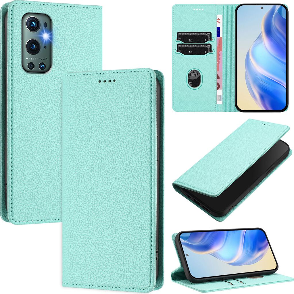 Litchi Leder Handyhülle für OnePlus 9 Pro Wallet Kartenfächer Standfunktion Hülle Türkis