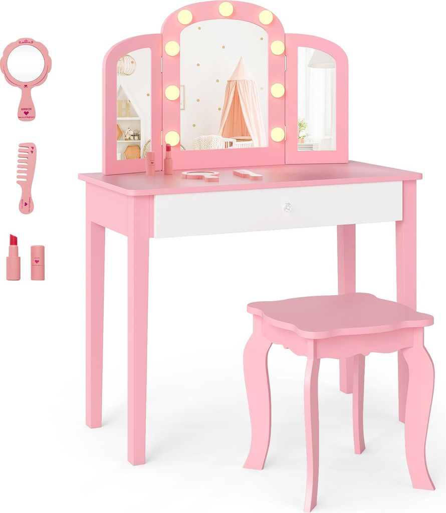 COSTWAY Kinderschminktisch mit Stuhl & beleuchtetem Spiegel, Mädchen-Schreibtisch mit Schublade, Kippschutz, Schminktisch für 3-12 Jahre, Rosa