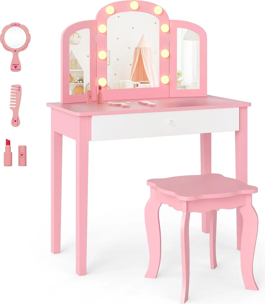Toeletta Bambina COSTWAY con Sgabello e Specchio Illuminato Rosa