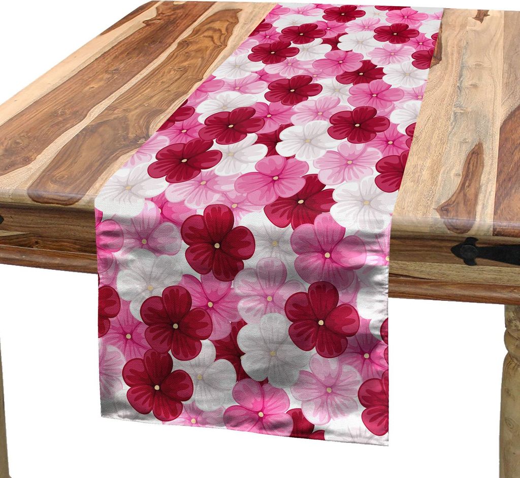ABAKUHAUS Blumen Tischläufer, Rhythmische Spring Awakening Blühenden Malve Blumen Illustration, 40 x 180 cm, Rosa Himbeere Weiß