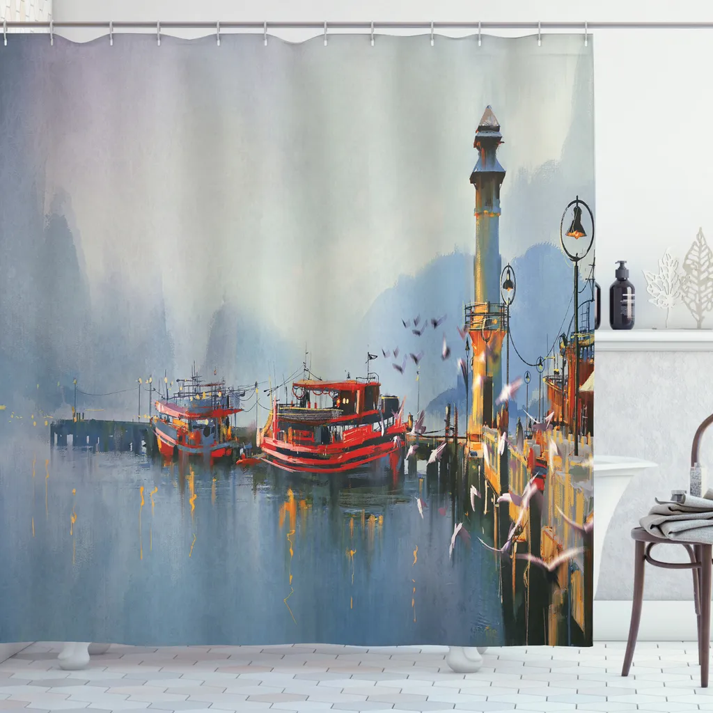 ABAKUHAUS Tenda da doccia colorata, barche e uccelli nel porto, opaca, incl. 12 anelli, resistente a batteri e muffe, 175 x 200 cm, multicolore