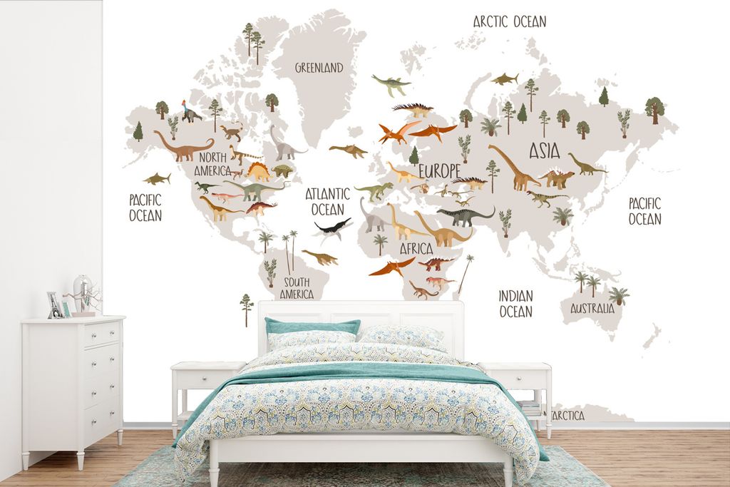 MuchoWow Fototapete für Wohnzimmer oder Schlafzimmer Wandtapete Vinyl Motivtapete Weltkarte Kinder - Dinosaurier - Tapete Kinderzimmer - Jungen...