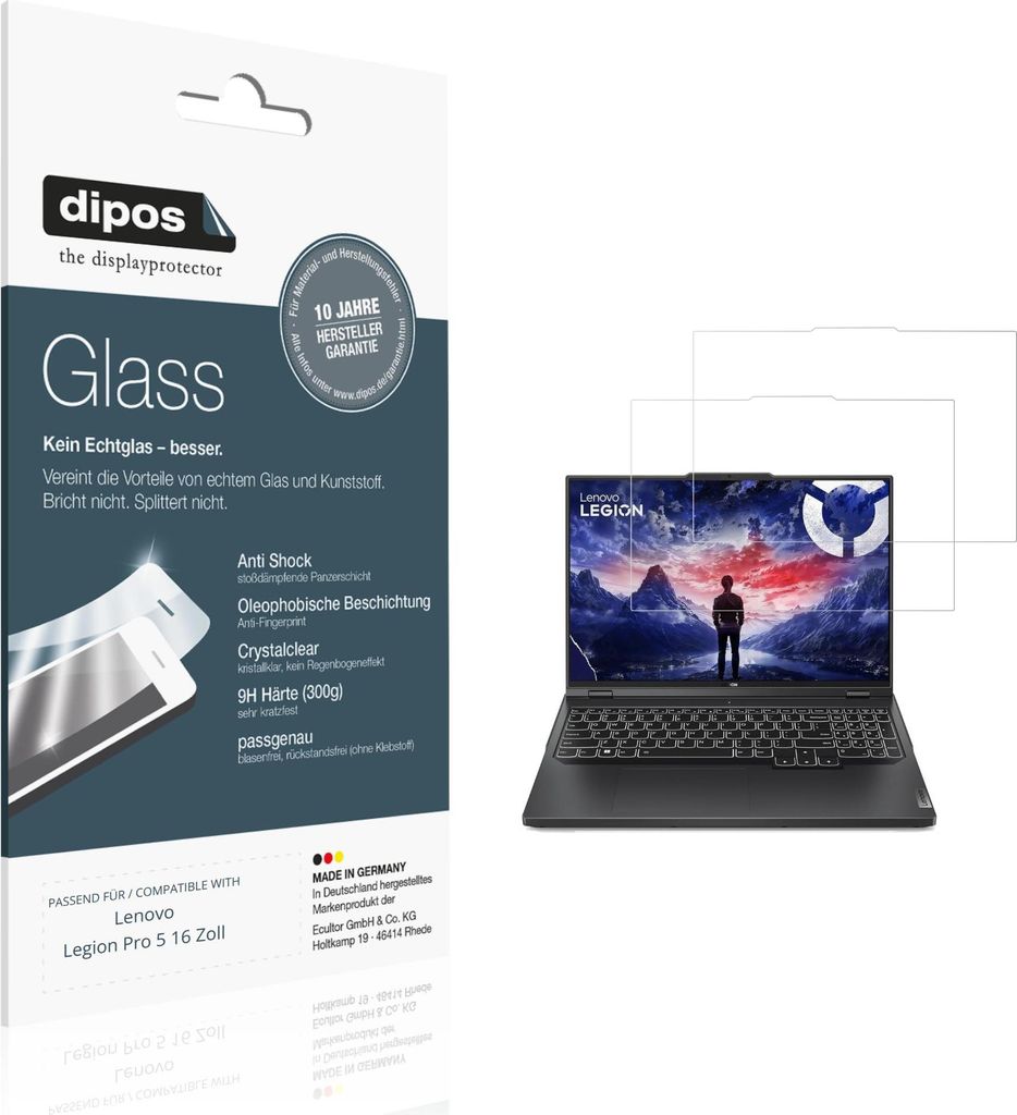 2x Schutzfolie für Lenovo Legion Pro 5 16 Zoll - Anti-Shock 9H Folie dipos Glass Kunststoffglas