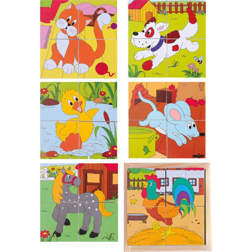 Würfel-Puzzle Safari Tiermotive 4 Teile und 6 Motive Kinderpuzzle Holzpuzzle 