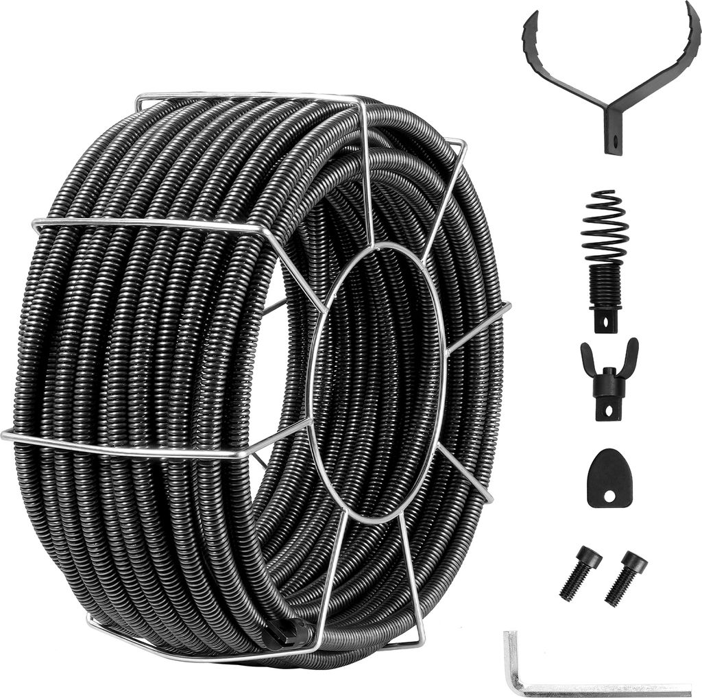 VEVOR Rohrreinigungsspirale 30 m x 19 mm, Rohrreinigungsspirale aus Stahl und 4 Schneidern für Rohre von 100 bis 200 mm, Rohrreinigungsspirale mit...