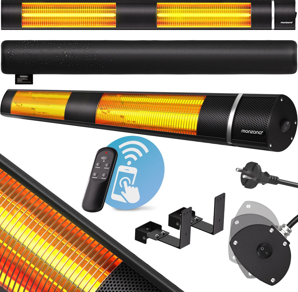 MONZANA Infrarot Heizstrahler MZH3000 Goldröhre 3000W 3 Heizstufen Fernbedienung Terrassenstrahler Elektrisch App Schutzhülle, Farbe:schwarz