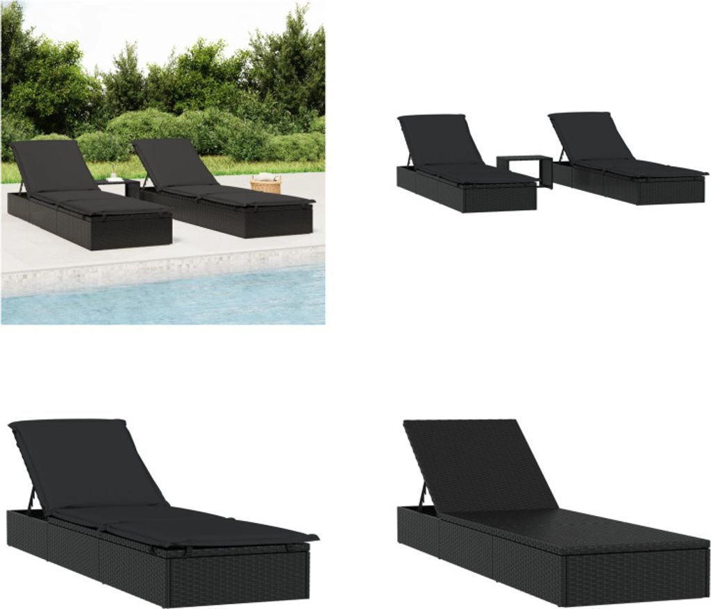 vidaXL Sonnenliegen 2 Stk. mit Tisch Schwarz Poly Rattan - Sonnenliege - Sonnenliegen - Sonnenbett - Tagesbett