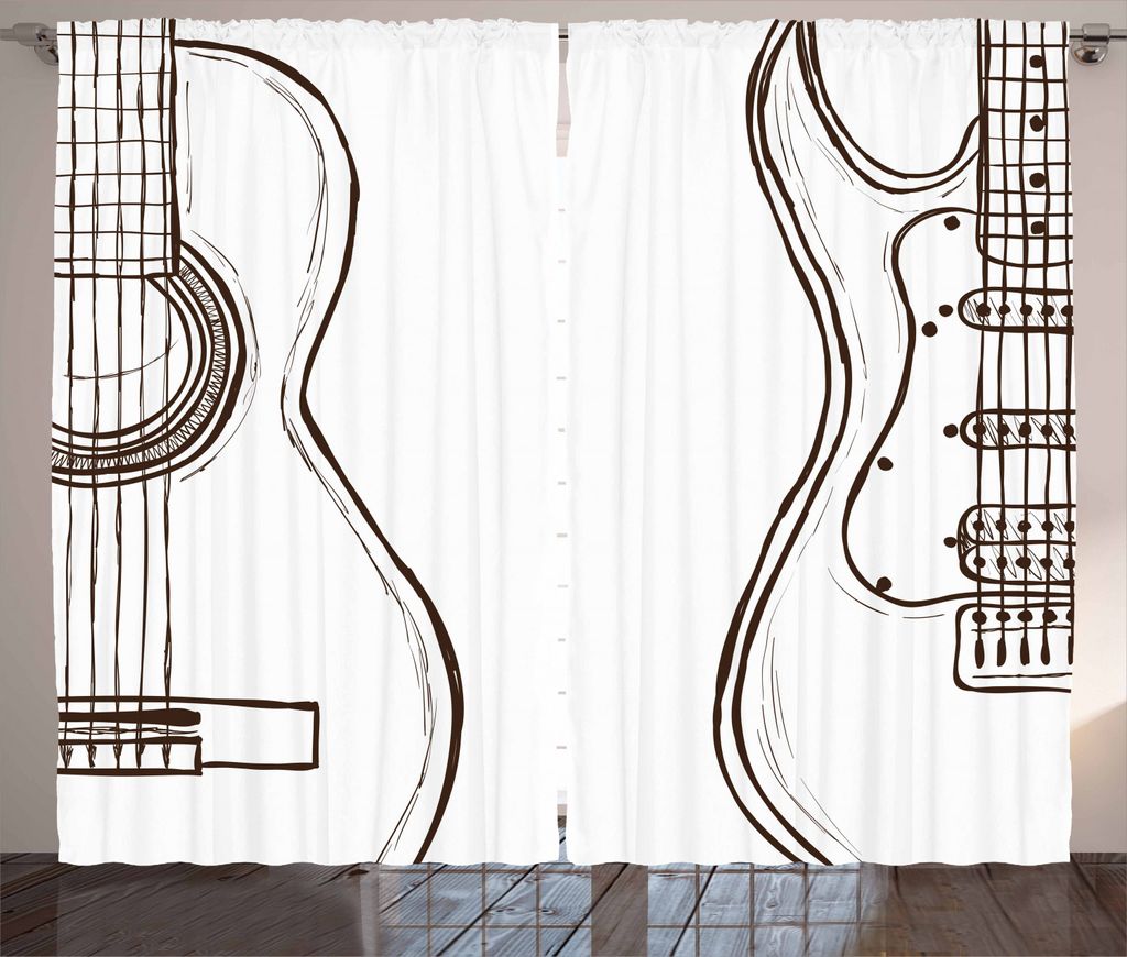 ABAKUHAUS Gitarre Rustikaler Gardine, Gekritzel-Art-Instrumente, Schlafzimmer Kräuselband Vorhang mit Schlaufen und Haken, 280 x 225 cm, Dunkelbra...