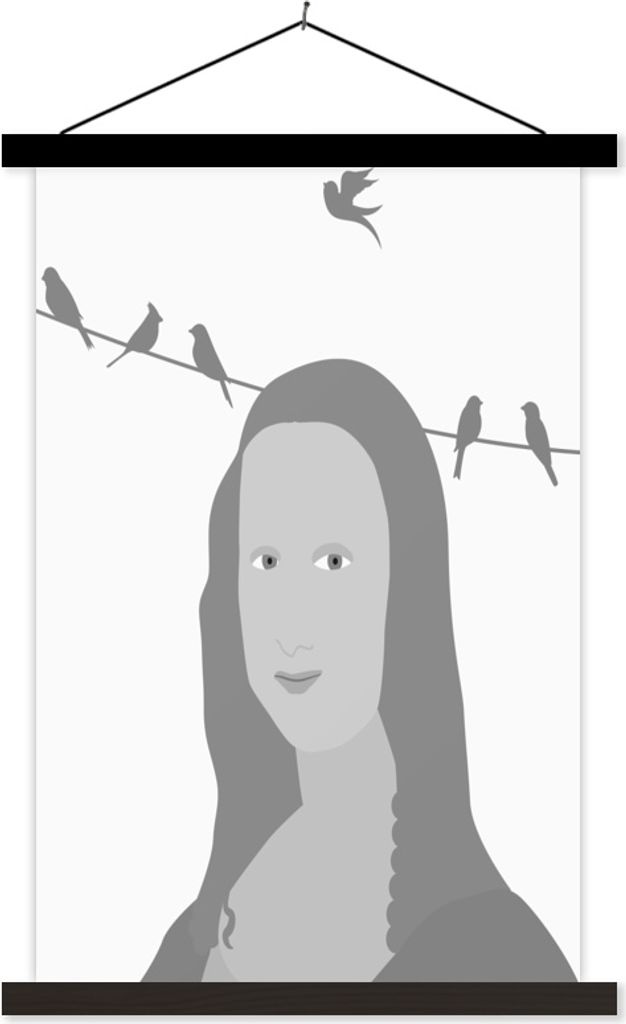 MuchoWow Textilposter Mona Lisa - Vögel - Schwarz - Weiß 40x60 cm mit schwarzem Rahmen - Wanddekorationen