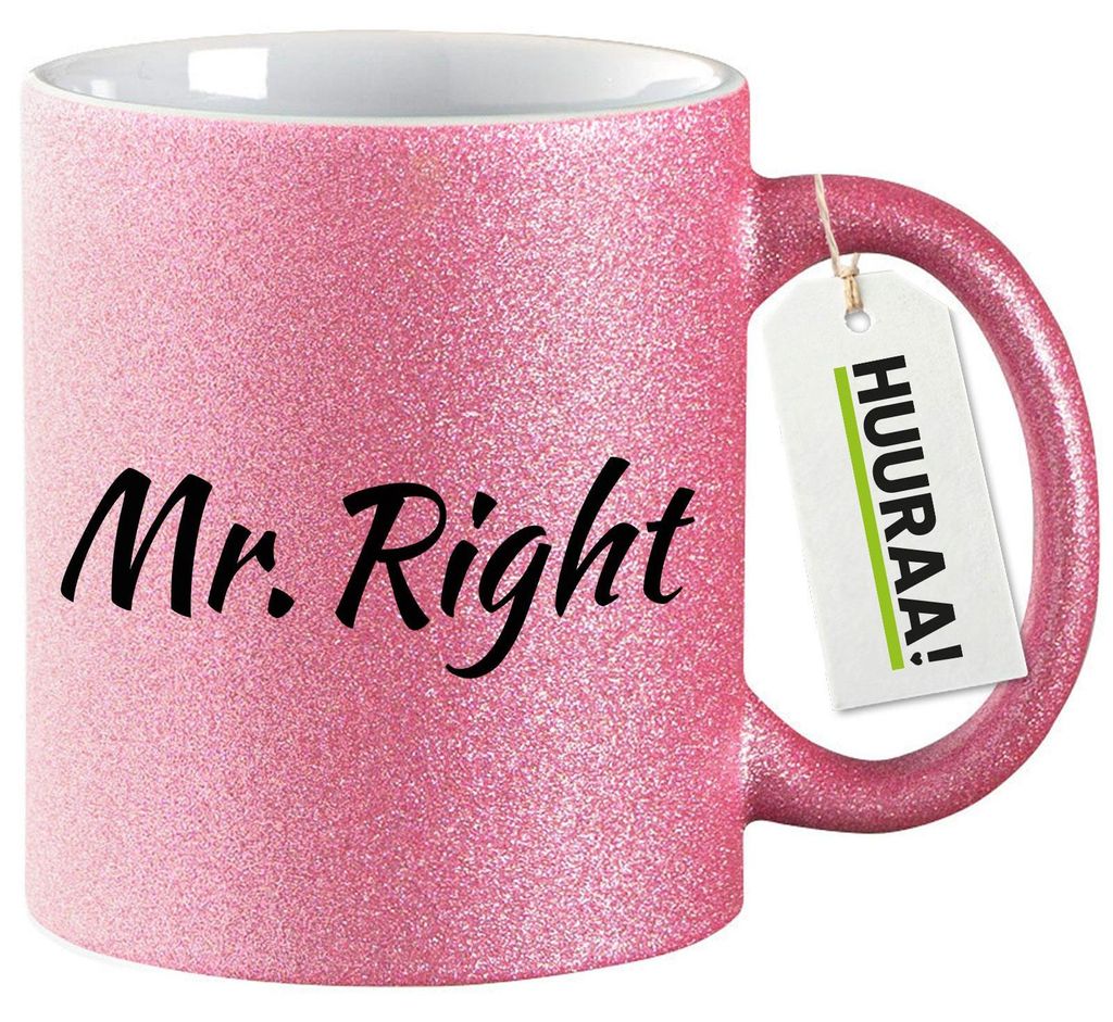 Huuraa Glitzertasse Mr. Right Schriftzug 330ml Pink Keramik Kaffeebecher Geschenkidee