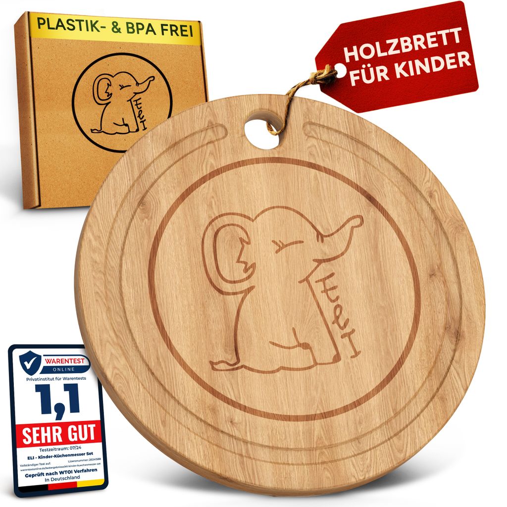 Eli Schneidebrett für Kinder aus Buchenholz mit Saftrille, Frühstücksbrettchen aus Holz, Holzbrett, Vesperbrettchen für die Küche, Brett zum...