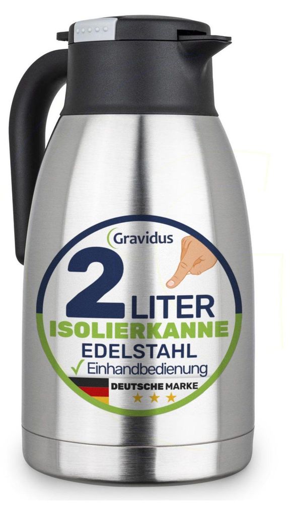Edelstahl Isolierkanne 2 Liter mit Einhandbedienung Produktbild 