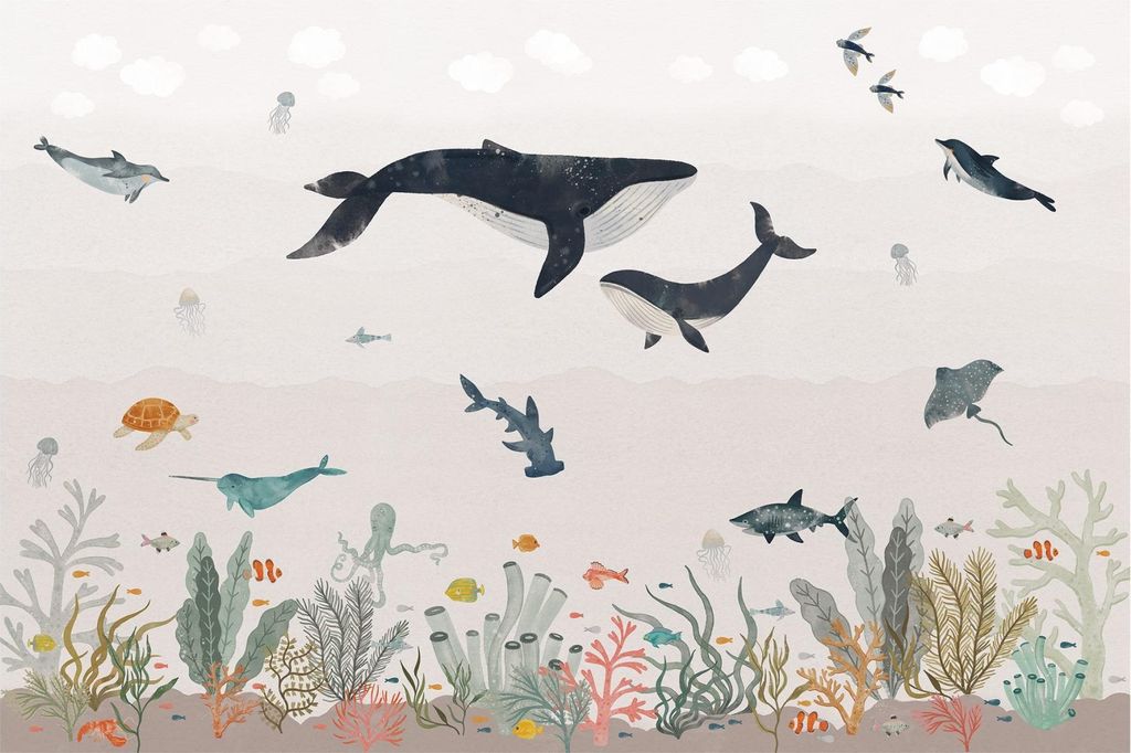 Fototapete Strand - Vliestapete - Bildtapete UV-beständig Unterwasser beige Illustration Wandtapete geruchsfrei