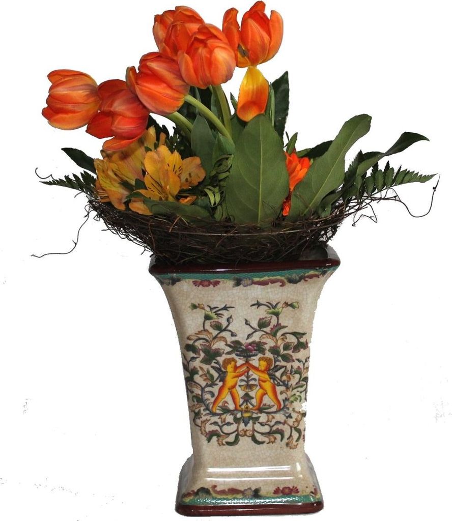 003 China Vase aus beiger Keramik groß asiatisch bemalt