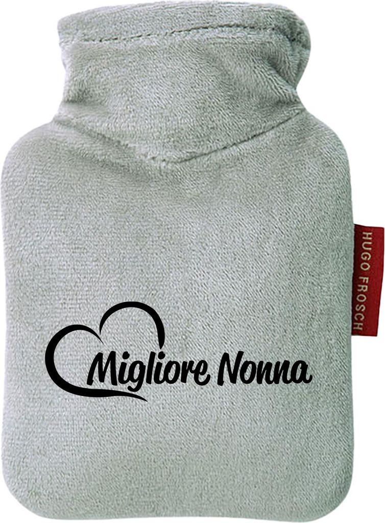 Huuraa Mini-Wärmflasche Migliore Nonna Cuore 0,2 Liter Grey Mini Veloursbezug Taschenwärmer Geschenkidee
