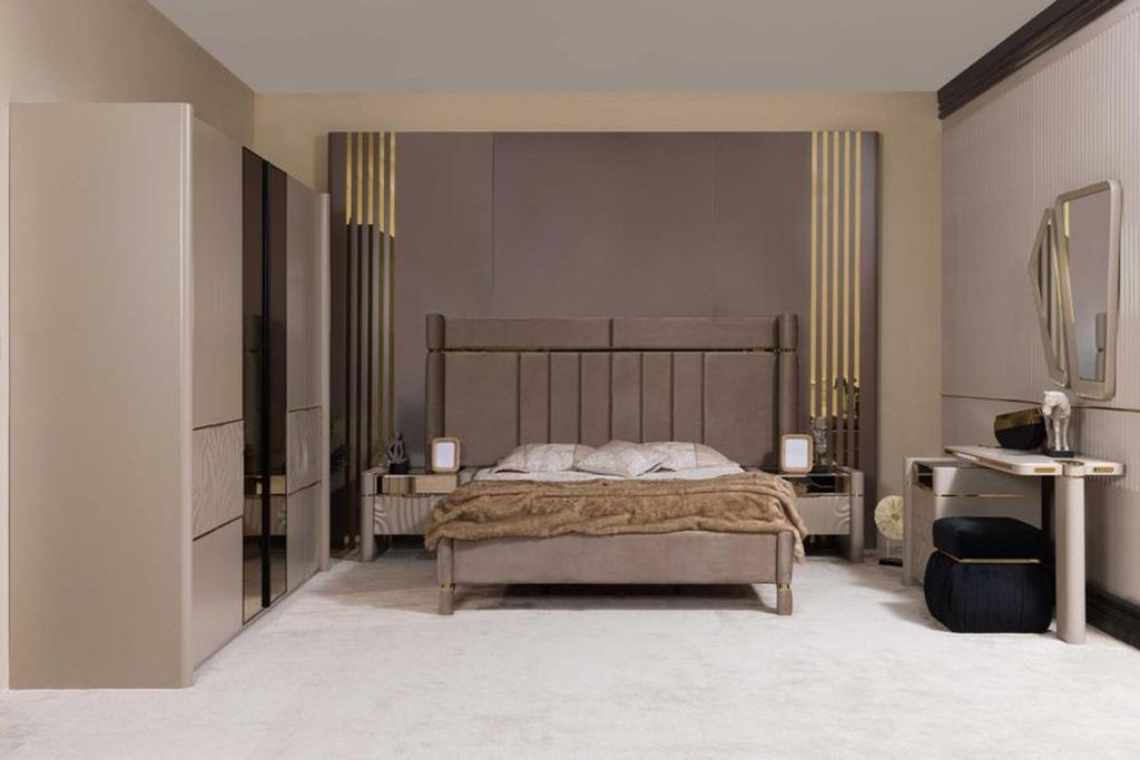 Stilvolles Schlafzimmer-Set(Bett +2x Nachttisch +Schrank +Kommode mit Spiegel)