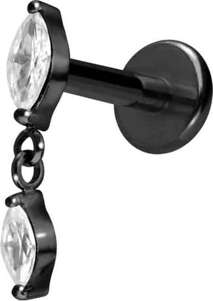 Ohrpiercing, Nasenpiercing Titan Labret mit Push Fit 2 KRISTALLTROPFEN Schwarz Stablänge: 10mm | Stabstärke: 1mm