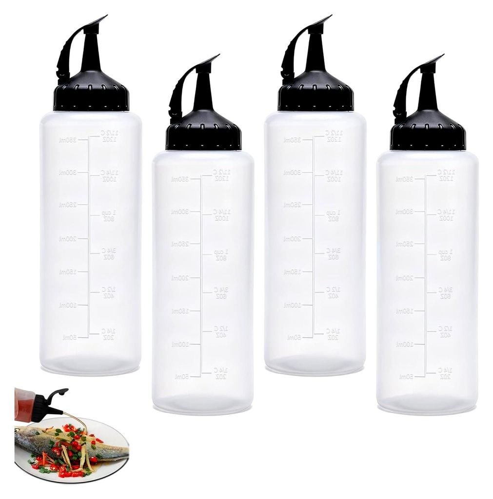 4 Stück Quetschflaschen, 350ml Squeeze Flaschen für Saucen wie Mayo, Senf und Olivenöl mit Trichter