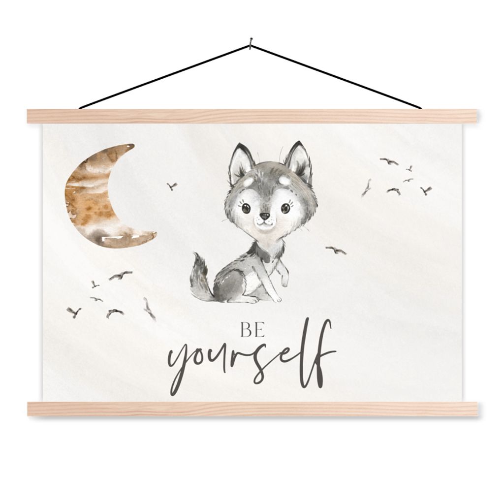 MuchoWow Textilposter Sprichwörter - Wolf - Sei du selbst - Kinder - Jungen - Mädchen - Aquarell 120x80 cm mit holzfarbenen Rahmen - Aufhängeset