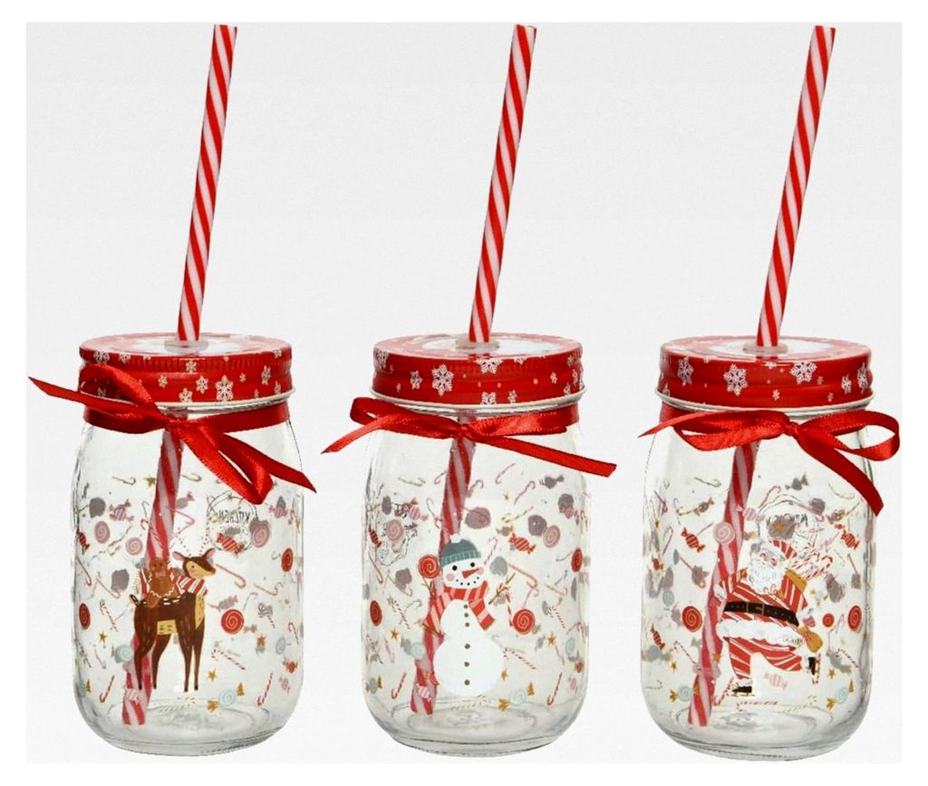 Trinkgläser mit Deckel 13 cm x 1 Stück mit Weihnachtsmann und Schneemann sowie Strohhalm klar