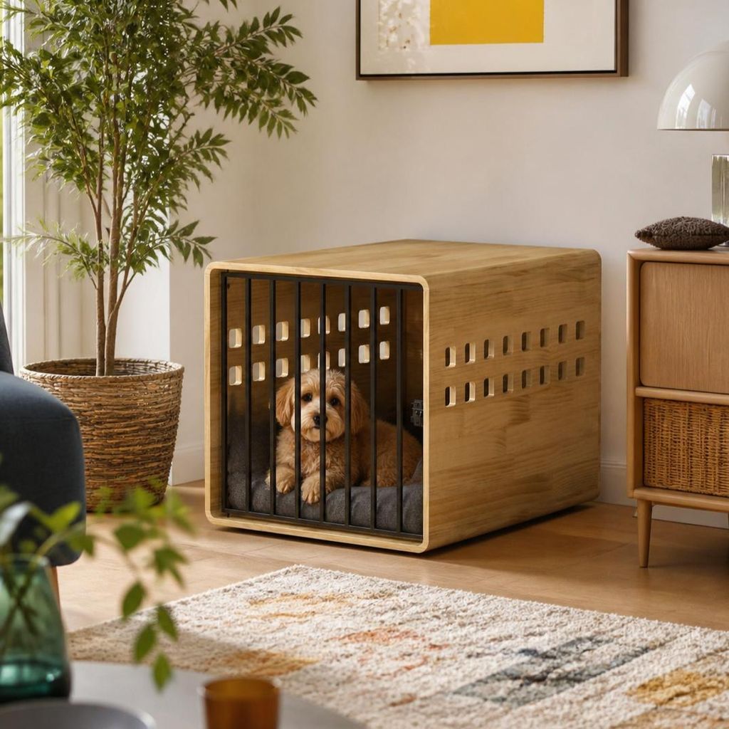 Hundebox aus Massivholz Kiefer&Stahl 80x60x60cm, Produktbild 