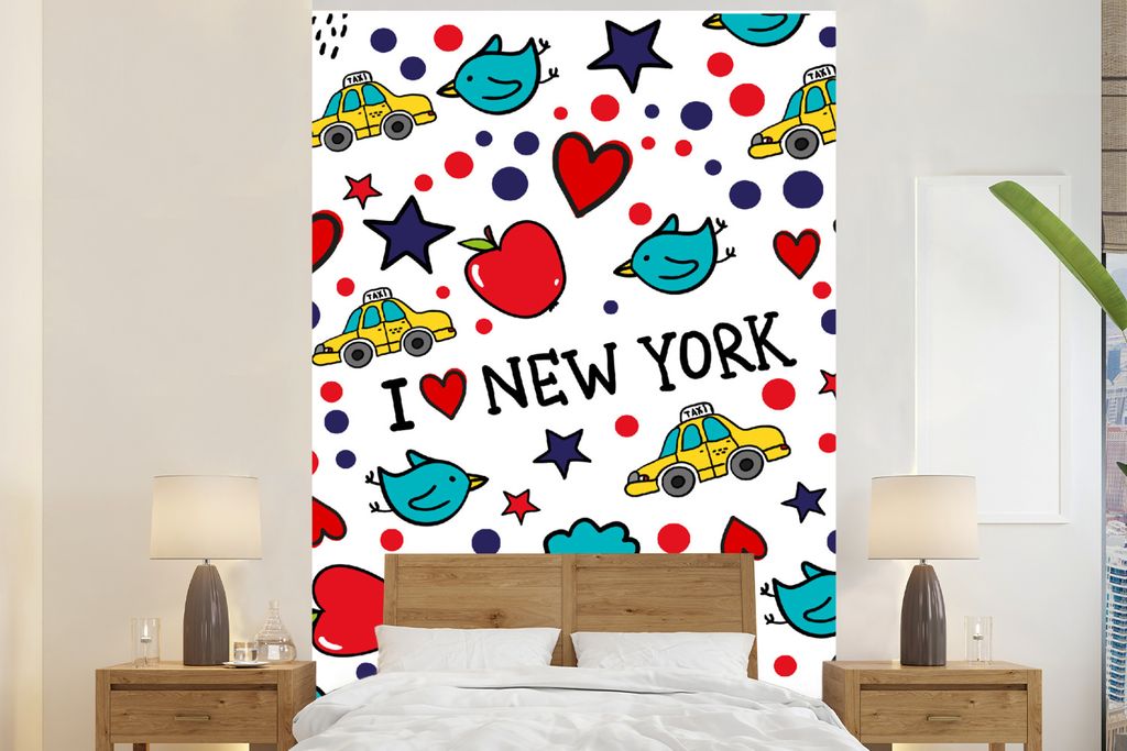 MuchoWow Fototapete für Wohnzimmer oder Schlafzimmer Wandtapete Vinyl Motivtapete New York - Vogel - Taxi - 170x260 cm - Wohnzimmertapete