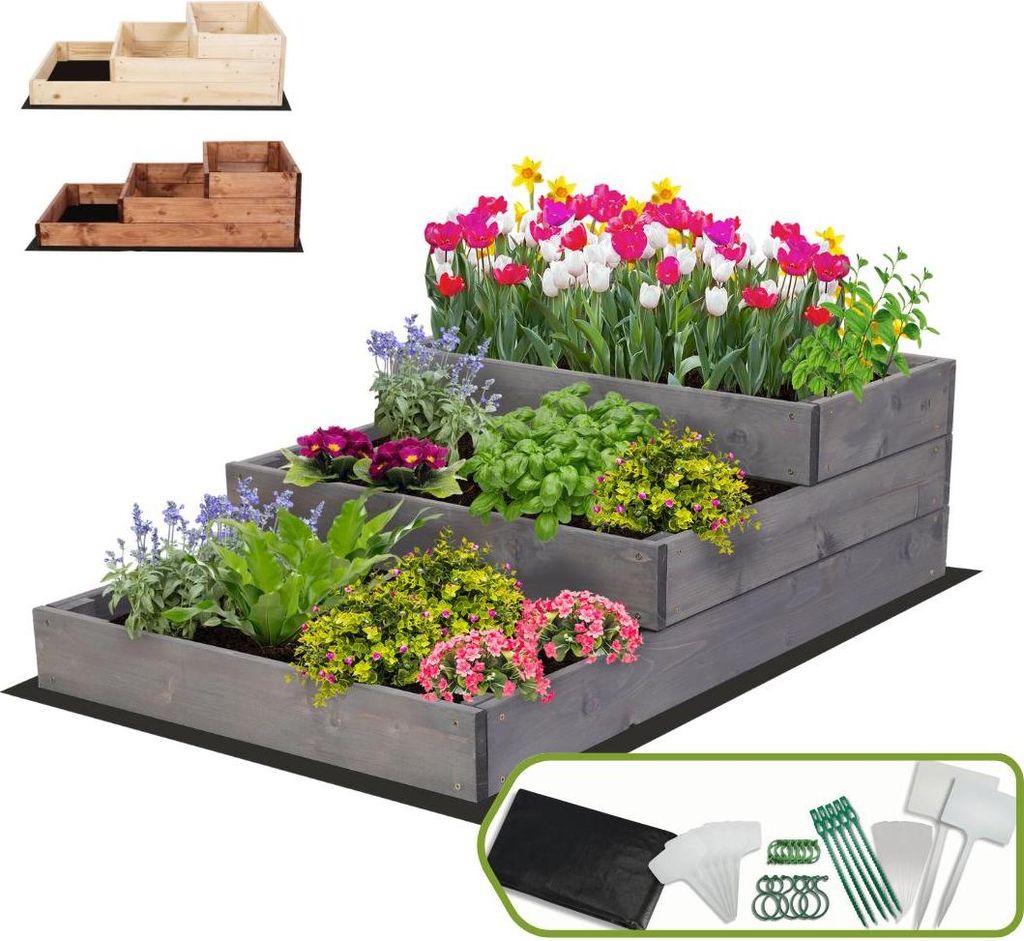 MODO24 Hochbeet Holz, Pflanzkasten, Massivholz, Kiefer, Kräuterbeet, Blumenkasten, Garten, Terrasse, 27x60x93 cm, Grau, ZP07