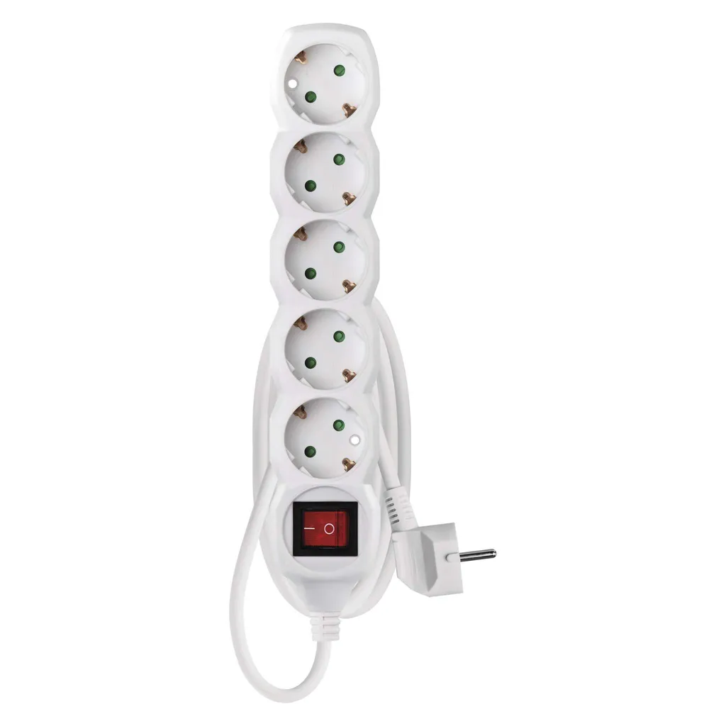 Presa EMOS a 5 vie con interruttore, 150 cm di cavo 1,5 mm, bianco, prese ruotate di 45°, Schuko con protezione tattile avanzata, per uso interno, P1521R