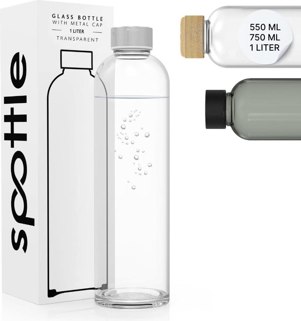 spottle Trinkflasche Glas 1L - Glasflasche in 500ml 750ml oder 1 Liter Wasserflasche für Kohlensäure geeignet – Glastrinkflasche spülmaschinen...