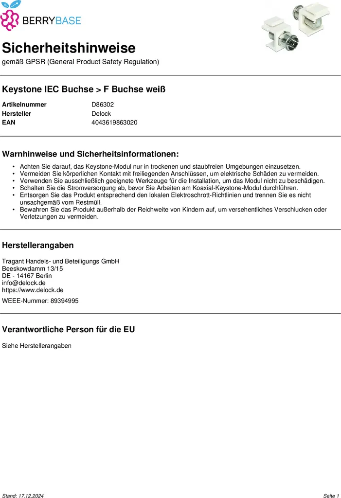 Module Keystone DeLOCK IEC vers F Femelle Femelle Blanc - Modèle 86321