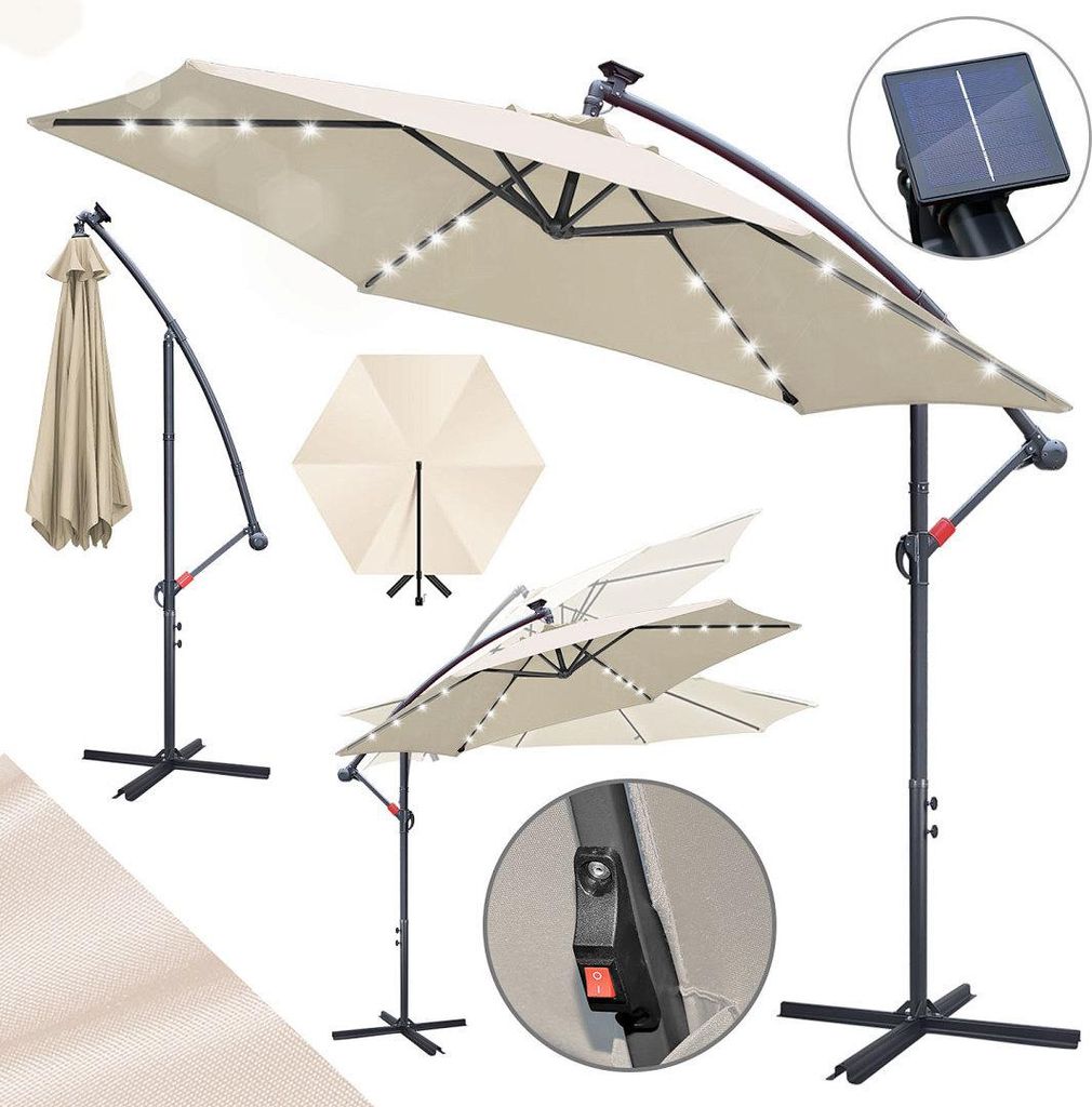Faziango Sonnenschirm 3,5m Beige mit LED Licht, Gartenschirm mit Kurbel, UV 50+ Sonnenschutz, kippbar & stabil, inkl. Kreuzfuß