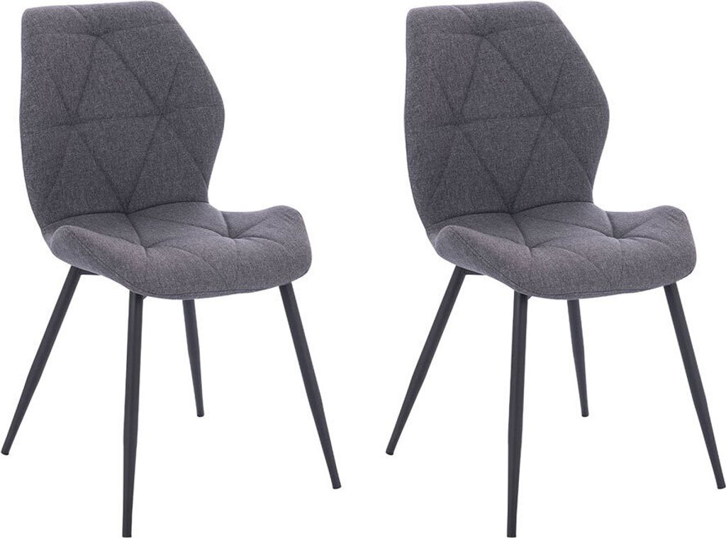 Two dark gray upholstered dining chairs with black metal legs are shown against a white background.