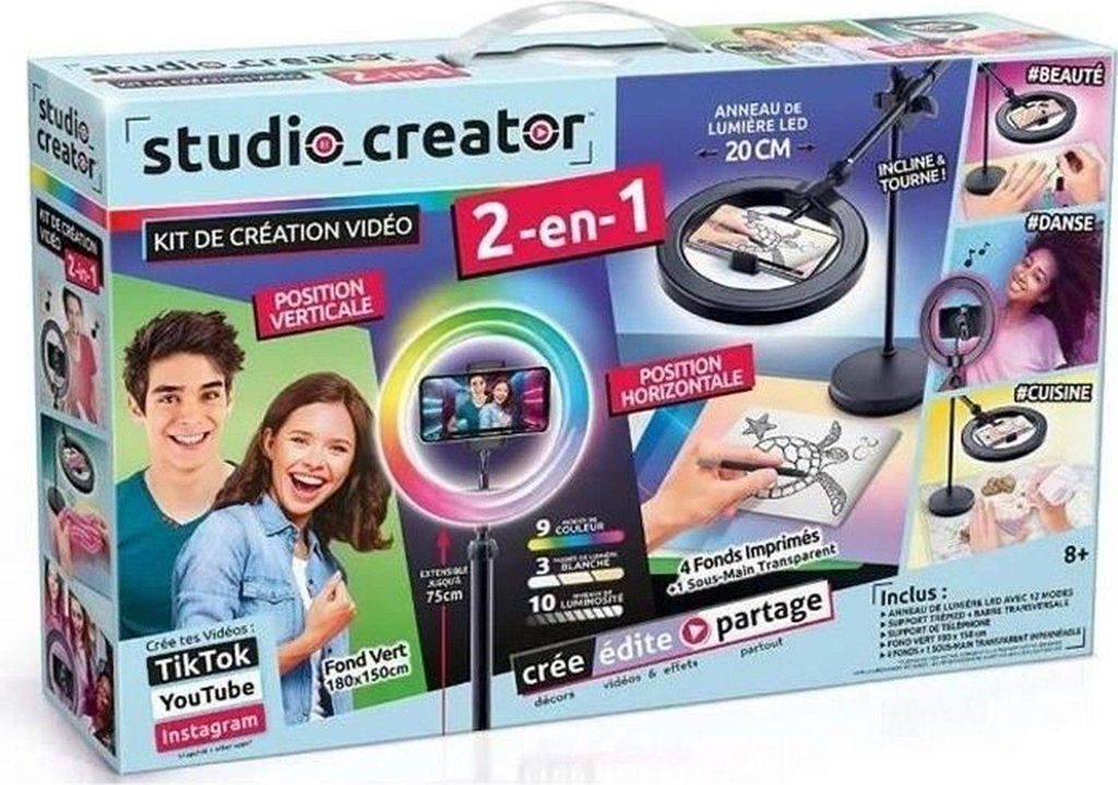 The image shows the packaging of a 2-in-1 video creation kit, featuring a ring light and accessories for creating content on platforms like TikTok and YouTube.