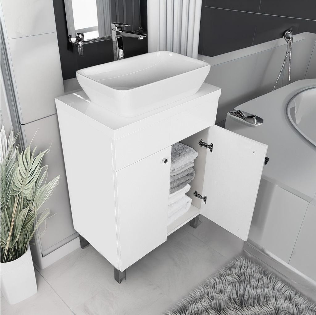 paplinskimoebel Waschbecken mit Unterschrank für Badezimmer Waschbeckenunterschrank Stehend mit Waschtisch Badschrank 60 cm Breit Weiß 2 Türen B...