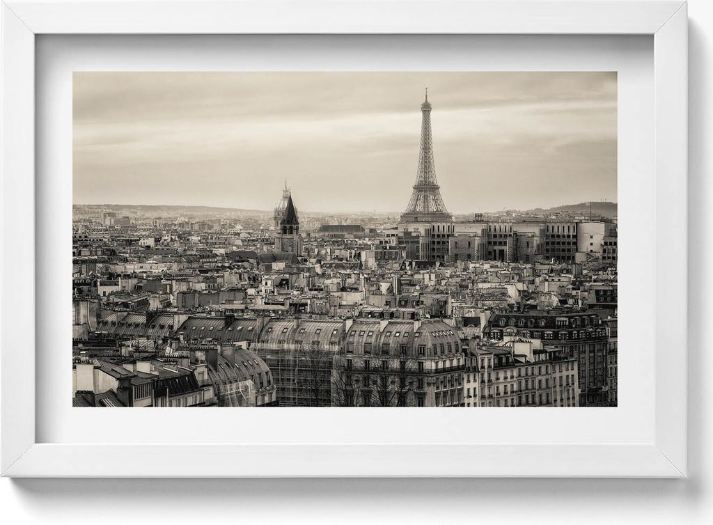 Landschaft von Paris und der Eiffelturm– Wandbild mit Rahmen – Gerahmtes Bild – Wanddekoration – 30x20 cm – Weiß Rahmen