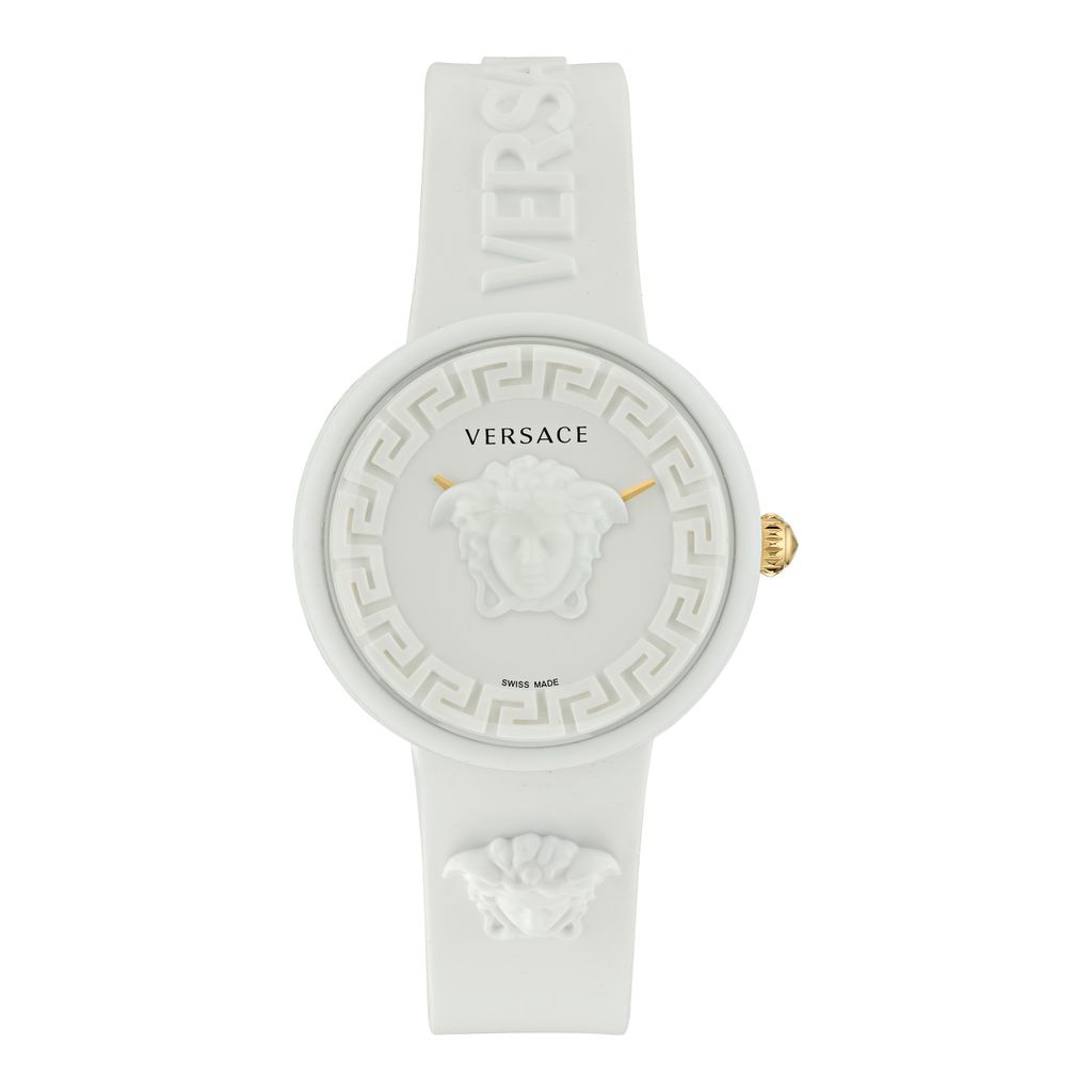 A white Versace watch with a Medusa head design on the dial, set against a white background.